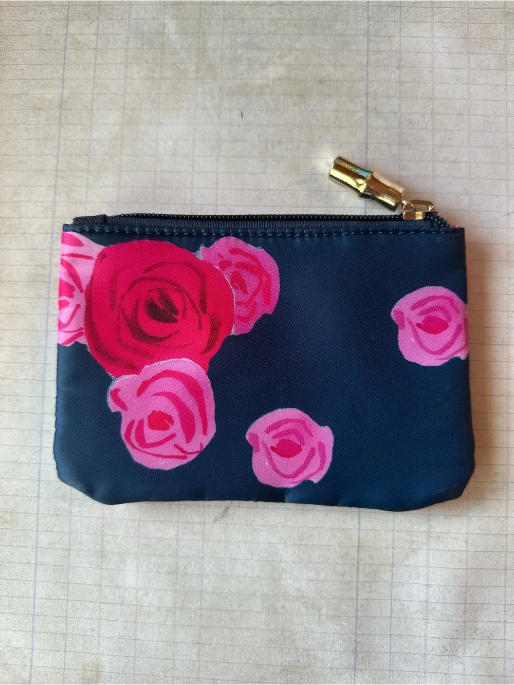 Toss Designs Navy Floral Zip Pouch with Pink Rose Print